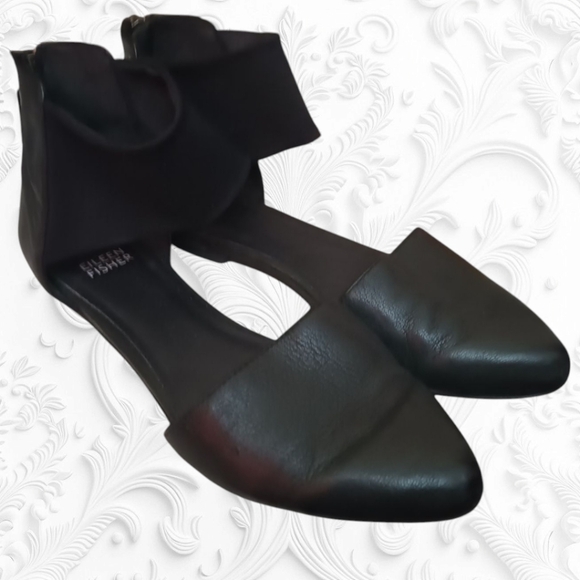 Eileen Fisher Allot Tumbled Ballet Flats Black Leather Mesh Ankle Strap 6.5 - Picture 1 of 7